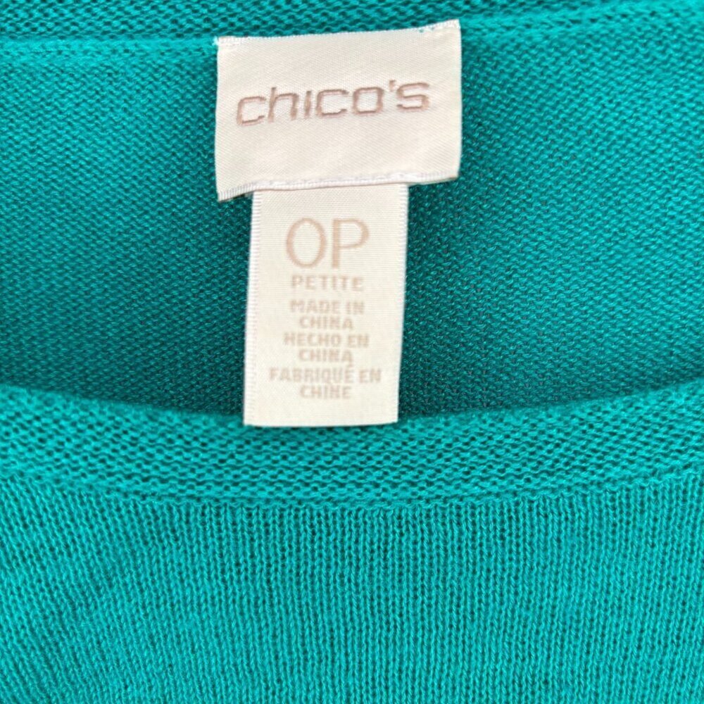 CHICO'S Long Ruched Sleeve Drawstring Knit Sweater Womens S Petite Green Stretch - Picture 6 of 6